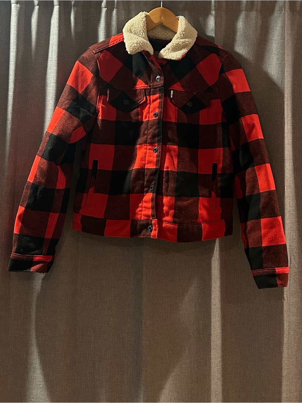 Levi’s Red Buffalo Plaid Faux Sherpa Flecee Trucker Jacket